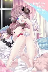  2015 animal_ears bad_id bad_pixiv_id barefoot bed blue_eyes blush brown_hair dress feet female happy_new_year horns hug legs new_year original pajamas pillow purimo_(xxxmofmof) sheep short_hair sleepy soles solo toes 