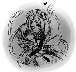  2girls bad_id bad_pixiv_id blood bloody_marie_(skullgirls) bow dress extra_eyes gias-ex-machella greyscale hair_ornament heart holding maid_headdress monochrome multiple_girls parted_lips peacock_(skullgirls) short_hair skull_hair_ornament skullgirls smile tears twintails 