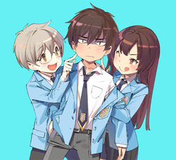  2boys ;q akizuki_nakuru annoyed blazer blue_background brown_eyes brown_hair cardcaptor_sakura commentary_request female jacket kinomoto_touya long_hair multiple_boys necktie one_eye_closed photoshop_(medium) poking popqn sandwiched school_uniform shaded_face tomoeda_high_school_uniform tongue tongue_out tsukishiro_yukito yellow_eyes 