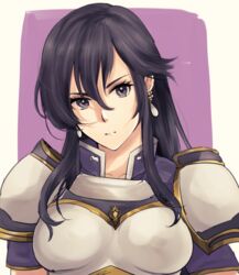  armor ayra_(fire_emblem) black_hair blue_eyes breastplate breasts commentary_request earrings expressionless female fire_emblem fire_emblem:_genealogy_of_the_holy_war fire_emblem_heroes gloves jewelry large_breasts long_hair purple_eyes sidelocks solo sou_mei weapon 