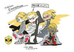  3boys blonde_hair blue_eyes boots crossed_arms dark-skinned_male dark_skin emperor_(splatoon) female inkling inkling_boy inkling_girl inkling_player_character inoue_seita looking_at_viewer multiple_boys n-pacer_(splatoon) official_art photoshop_(medium) pink_eyes pointy_ears ponytail prince_(splatoon) sitting splatoon_(manga) splatoon_(series) splatoon_2 squatting squidkid_jr. tentacle_hair 