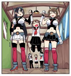  6+girls =_= akatsuki_(kancolle) black_border black_gloves black_hair black_pantyhose black_sailor_collar black_skirt border brown_hair captured_alien_(meme) clip_studio_paint_(medium) closed_eyes commentary door elbow_gloves fingerless_gloves from_below full_body gloves hairband hallway hand_on_own_hip headgear hibiki_(kancolle) holding_hands ikazuchi_(kancolle) inazuma_(kancolle) kantai_collection light_bulb long_hair meme midriff miniskirt multiple_girls mutsu_(kancolle) nagato_(kancolle) oerba_yun_fang open_mouth over-kneehighs pantyhose pleated_skirt pointing rafters red_thighhighs sailor_collar school_uniform serafuku short_hair skirt smile standing thighhighs tonmoh white_gloves white_skirt |_| 