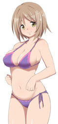  bad_id bad_pixiv_id bikini blush brown_eyes brown_hair closed_mouth commentary_request cowboy_shot endou_masatoshi female groin hair_ornament idolmaster idolmaster_cinderella_girls looking_at_viewer mimura_kanako navel purple_bikini short_hair side-tie_bikini_bottom smile solo stomach sweat swimsuit white_background 