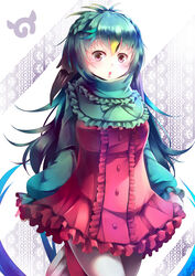  :o absurdres black_hair blue_hair center_frills commentary cowboy_shot dress female frills green_hair highres japari_symbol kanzakietc kemono_friends long_hair long_sleeves looking_at_viewer multicolored_clothes multicolored_dress multicolored_hair open_mouth pantyhose puffy_long_sleeves puffy_sleeves red_eyes resplendent_quetzal_(kemono_friends) solo white_pantyhose 