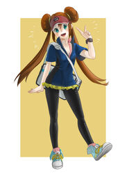  alternate_costume bag black_pantyhose blue_eyes brown_hair commentary_request double_bun female hair_bun highres legs lips long_hair nokuran open_mouth pantyhose photoshop_(medium) pokemon pokemon_bw2 rosa_(pokemon) satchel scrunchie shoes shorts smile sneakers socks solo twintails unzipped v visor_cap watch wristwatch 