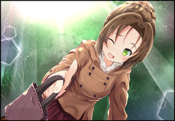  bag braid brown_hair coat commentary_request cowboy_shot dutch_angle female foreshortening green_eyes hair_bun heki_junko high_school_fleet lens_flare one_eye_closed open_mouth photoshop_(medium) pirason pointing red_skirt short_hair single_hair_bun skirt solo 