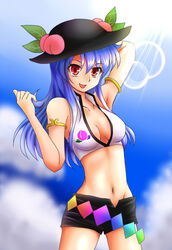  alternate_costume arm_behind_head armlet armpits blue_hair blue_sky breasts cleavage cloud collarbone commentary_request crop_top day female food fruit groin hat hinanawi_tenshi leaf lens_flare long_hair looking_at_viewer medium_breasts midriff mitsucho navel open_clothes open_mouth open_shorts peach red_eyes shorts sky solo touhou 