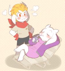  alternate_universe altertale angry anthro asgore_(altertale) asgore_dreemurr blonde_hair boss_monster_(undertale) bovid caprine chair clothed clothing drinking duo female food fur furniture hair hi_res hoodie horn long_ears male mammal scarf simple_background thegreatrouge topwear toriel toriel_(altertale) undertale undertale_(series) white_body white_fur 