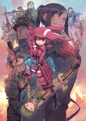  1other 4boys 6+girls absurdres ambiguous_gender animal_ears ar-57 armor assault_rifle black_hair blonde_hair blue_hair bodysuit boots braid breasts bullpup camouflage camouflage_headwear character_request clarence_(sao) cloak cross-laced_footwear dual_wielding elbow_pads eva_(sao) facial_tattoo fake_animal_ears fukaziroh_(sao) grenade_launcher gun h&amp;k_xm8 hat headband helmet highres holding holding_gun holding_weapon knee_pads kuroboshi_kouhaku lace-up_boots llenn_(sao) long_hair m60 m_(sao) machine_gun military military_uniform milkor_mgl multiple_boys multiple_girls official_art p-chan_(p90) p90 pink_eyes pink_weapon pitohui_(sao) ponytail rabbit_ears rifle scope shirley_(sao) short_hair small_breasts sniper_rifle submachine_gun sword_art_online sword_art_online_alternative:_gun_gale_online tattoo trench_knife twin_braids uniform vss_vintorez weapon yellow_eyes 