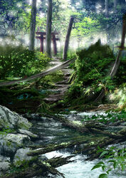  absurdres bare_tree commentary_request dappled_sunlight day fantasy forest highres landscape nature no_humans original outdoors pajaman photoshop_(medium) plant river rock scenery sunlight torii tree 