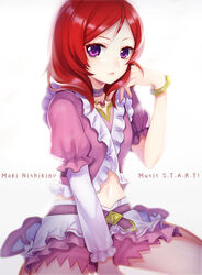  alternate_costume character_name commentary_request etsuo female frills highres looking_at_viewer love_live! love_live!_school_idol_project midriff miniskirt music_s.t.a.r.t!! navel nishikino_maki pink_skirt puffy_short_sleeves puffy_sleeves purple_eyes red_hair short_hair short_sleeves sitting skirt skirt_set solo song_name 