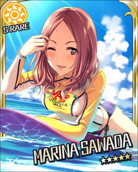  artist_request bikini blush bracelet brown_eyes brown_hair card_(medium) character_name clothes_writing cloud day female idolmaster idolmaster_cinderella_girls jewelry light_rays ocean official_art one_eye_closed parted_lips sawada_marina shirt short_hair side-tie_bikini_bottom sky smile solo sun_symbol sunbeam sunlight surfboard swimsuit taut_clothes taut_shirt water wet 