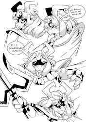  anthro artsy asgore_dreemurr beard boss_monster_(undertale) bovid cape caprine clothing crown dialogue english_text facial_hair fangs headgear hi_res horn long_ears looking_away male mammal mature_anthro mature_male melee_weapon monochrome polearm simple_background solo teeth text trident undertale undertale_(series) weapon 