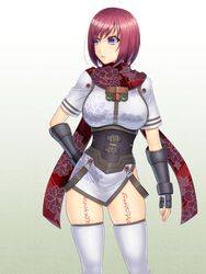  abu alternate_color commentary_request corset cowboy_shot dress female fingerless_gloves floral_print gloves gradient_background green_background hand_on_own_hip looking_to_the_side nel_zelpher print_scarf purple_eyes red_hair red_scarf scarf short_hair solo star_ocean star_ocean_till_the_end_of_time striped_clothes striped_scarf tattoo thighhighs white_background white_dress white_thighhighs 