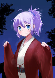  absurdres alternate_costume aoba_(kancolle) blue_eyes blue_scrunchie commentary_request female hair_ornament hair_scrunchie highres japanese_clothes kantai_collection kimono looking_at_viewer night night_sky ponytail purple_hair scrunchie short_hair sky smile solo sosser upper_body yukata 