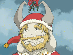  4:3 anthro asgore_dreemurr beard boss_monster_(undertale) bovid caprine christmas clothing cloud facial_hair fangs fur galrock hat headgear headwear hi_res holidays horn kissing_bough lingonberry long_ears male mammal mature_anthro mature_male plant ribbons santa_claus solo teeth undertale undertale_(series) white_body white_fur 