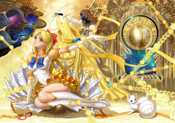  4girls aino_minako angel angel_wings art_nouveau artemis_(sailor_moon) back_bow bishoujo_senshi_sailor_moon bishoujo_senshi_sailor_moon_stars blonde_hair blue_eyes bow brooch chains character_name chinese_commentary choker collarbone commentary_request crescent crescent_facial_mark dress eclosion elbow_gloves facial_mark feline fine_art_parody flower forehead_mark gloves hairbow impossible_clothes jewelry long_hair looking_at_viewer magical_girl mask multiple_girls orange_background orange_choker orange_sailor_collar orange_skirt outstretched_arm parody photoshop_(medium) red_bow ribbon sailor_collar sailor_senshi_uniform sailor_venus seashell shell sitting skirt solo_focus star_(symbol) star_brooch star_choker super_sailor_venus_(stars) the_birth_of_venus tiara venus_love_me_chain volleyball white_cat white_gloves wings yellow_dress 