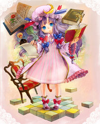  blue_eyes book boots bottle bow chair coat commentary_request crescent dress female flower hairbow hat ink_bottle lolicon long_hair nokuran open_book overcoat parchment partial_commentary patchouli_knowledge photoshop_(medium) pigeon-toed purple_hair quill solo striped touhou vertical_stripes writing 