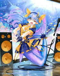  air_bubble blue_eyes blue_hair bow bubble cardfight!!_vanguard chouchou_marl commentary_request company_name earrings female hairband jewelry long_hair mermaid microphone microphone_stand monster_girl necktie official_art one_eye_closed photoshop_(medium) pointy_ears solo spinel_(9057) underwater 