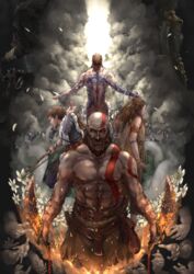  2girls 4boys abs arm_tattoo arrow_(projectile) athena_(god_of_war) atreus back back_tattoo bald baldur_(god_of_war) beard belt blades_of_chaos bodypaint bow_(weapon) brown_hair chain_blades chains closed_mouth commentary_request dress dual_wielding facial_hair facial_tattoo facing_away father_and_son fire flower freya_(god_of_war) glowing god_of_war hammer hands highres holding holding_weapon kratos_(god_of_war) long_hair long_sleeves looking_afar looking_at_viewer median_furrow medium_hair mother_and_son multiple_boys multiple_girls muscular muscular_male nagi_(xx001122) nipples nude pectorals scar shirt short_hair smoke sparks spoilers tattoo thor_(god_of_war) topless_male weapon white_flower 