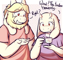  abstract_background albino anthro asgore_dreemurr azenzeph beard boss_monster_(undertale) bovid caprine container cup dialogue duo english_text facial_hair fangs female flower fur hi_res holding_container holding_cup holding_object horn long_ears male mammal plant red_eyes simple_background teeth text toriel undertale undertale_(series) white_body white_fur 