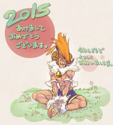  1boy 2015 abs adon_(street_fighter) ankle_wrap barefoot bracelet commentary_request fur_trim headband horns indian_style jewelry male_focus mongkhon muscular new_year orange_hair sheep_horns shorts sitting solo street_fighter topless_male torimeiro 