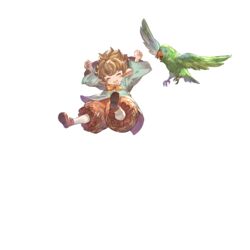  bird brown_hair closed_eyes female full_body granblue_fantasy green_shirt harvin highres jumping non-web_source official_art pants parrot pointy_ears puffy_pants ribbon shirt short_hair sierokarte transparent_background 