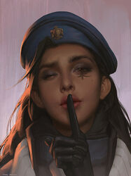  aged_down ana_(overwatch) backlighting beret black_gloves brown_eyes brown_hair c_home captain_amari chinese_commentary commentary dark-skinned_female dark_skin eyebrows eyepatch eyeshadow facial_mark facial_tattoo female finger_to_mouth gloves hat lips long_hair looking_at_viewer makeup mole mole_under_eye nose official_alternate_costume overwatch overwatch_1 photorealistic photoshop_(medium) portrait realistic shushing smile solo tattoo 