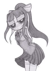  blossom_(powerpuff_girls) blush bow_(disambiguation) cartoon_network clothing crossover doki_doki_literature_club! human human_only legwear lockerobster mammal monika_(doki_doki_literature_club!) monochrome not_furry powerpuff_girls school_uniform smile solo team_salvato thigh_highs uniform 