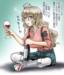  alcohol blush_stickers bottle brown_eyes brown_hair commentary_request cosplay cup drinking_glass drunk female gradient_background green_background hakama hakama_short_skirt hakama_skirt hat houshou_(kancolle) houshou_(kancolle)_(cosplay) indian_style japanese_clothes kantai_collection kimono long_hair pantyhose photoshop_(medium) pola_(kancolle) sitting skirt solo tasuki tilted_headwear translation_request wavy_hair white_pantyhose wine wine_bottle wine_glass yagisawa_keiichi 