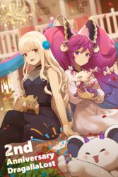  2girls :d animal anniversary bare_arms bare_shoulders black_dress black_legwear blonde_hair blunt_bangs blurry blurry_background boar candle chandelier cleo_(dragalia_lost) closed_mouth commentary copyright_name crossed_legs depth_of_field dragalia_lost dragon dragon_horns dress english_commentary fire gradient_hair hair_between_eyes hentaki highres horns indoors long_hair long_sleeves maritimus_(dragalia_lost) multicolored_hair multiple_girls open_mouth pantyhose petals puffy_long_sleeves puffy_sleeves purple_eyes purple_hair railing red_eyes sazanka_(dragalia_lost) sitting sleeveless sleeveless_dress smile twintails very_long_hair white_dress zodiark_(dragalia_lost) 