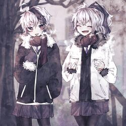  2girls absurdres bad_id bad_twitter_id black_coat black_fur black_hair black_legwear black_vest blurry blurry_background branch closed_eyes coat commentary cowboy_shot cup dual_persona flower_(vocaloid) flower_(vocaloid3) flower_(vocaloid4) fur-trimmed_coat fur_trim hand_in_pocket highres holding holding_cup kanyoru limited_palette medium_hair miniskirt mittens multicolored_hair multiple_girls necktie oerba_yun_fang open_mouth outdoors pantyhose pleated_skirt ponytail purple_eyes purple_mittens purple_necktie purple_skirt scarf shirt short_hair skirt smile standing streaked_hair tree vest vocaloid white_coat white_hair white_shirt winter 