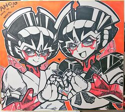  2girls autobot dated heart heart_hands heart_hands_duo humanoid_robot mecha_musume multiple_girls multiple_persona no_humans open_mouth photo_(medium) robot robot_girl school_uniform serafuku traditional_media transformers umetarou_(jack_sgt) windblade 