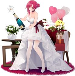  alcohol azur_lane balloon bare_shoulders black_prince_(azur_lane) black_prince_(pop_the_cork)_(azur_lane) bottle champagne_bottle dress female flower hair_bun hair_ornament high_heels highres looking_at_viewer official_alternate_costume official_art pink_eyes pink_hair single_hair_bun standing suisai_(suisao) thighhighs transparent_background white_dress white_footwear white_thighhighs wine_bottle 