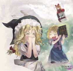  abstract_background alice_margatroid apron arms_up black_headwear black_vest blonde_hair blue_dress book braid capelet chibi closed_eyes cloud commentary_request covering_own_mouth crying crying_with_eyes_open doll dress flying forest glowing grimoire_of_alice hand_to_own_mouth hat hat_ribbon highres holding holding_book hourai_doll kirisame_marisa kuso_miso_technique long_hair looking_to_the_side nature puffy_short_sleeves puffy_sleeves ribbon riki6 sash shirt short_sleeves shoujo_kitou-chuu single_braid tears touhou upper_body very_long_hair vest waist_apron wavy_eyes white_capelet white_shirt witch_hat yaranaika yellow_eyes 