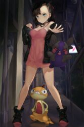  absurdres aqua_eyes asymmetrical_bangs asymmetrical_hair bare_shoulders black_choker black_hair black_jacket black_nails blush breasts choker commentary dress female hair_ribbon highres holding holding_poke_ball jacket long_sleeves looking_at_viewer marnie_(pokemon) medium_breasts medium_hair morpeko morpeko_(hangry) open_clothes outdoors pink_dress poke_ball poke_ball_(basic) pokemon pokemon_(creature) pokemon_swsh red_ribbon ribbon scraggy taena twintails 