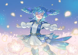  ^_^ ahoge belt bird_girl bird_tail blue_background blue_hair brooch closed_eyes colored_eyelashes commentary dress elpis_flower feathered_wings feathers feet_out_of_frame female final_fantasy final_fantasy_xiv flower glowing glowing_petals happy head_wings hood hood_down hooded_jacket jacket jewelry long_sleeves medium_hair meteion mixed-language_commentary monster_girl open_mouth outstretched_arms outstretched_hand petals ren-co sidelocks sleeveless sleeveless_jacket solo sparkle spoilers spread_arms tail tassel white_dress wings 