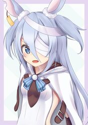  animal_ears bandage_over_one_eye bandages blue_eyes cloak commentary_request ear_tag female grey_hair highres little_witch_nobeta long_hair minakami_mimimi monica_(little_witch_nobeta) open_mouth rabbit_ears sideless_outfit smile solo tabard two_side_up upper_body white_cloak white_tabard 