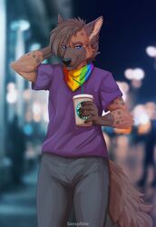  2021 absurd_res accessory anthro bandana beverage black_nose blue_eyes blurred_background bottomwear brown_body brown_fur brown_hair clothed clothing coffee coffee_cup container cup digital_media_(artwork) facial_markings fur gloves_(marking) green_straw hair hand_on_head head_markings herm_(lore) hi_res hyena kerchief lgbt_pride looking_aside looking_away male mammal markings multicolored_bandanna multicolored_kerchief multicolored_neckerchief multicolored_neckwear muzzle_(marking) neckerchief neckwear night nonbinary_(lore) pants pride_color_accessory pride_color_bandanna pride_color_kerchief pride_color_neckerchief pride_color_neckwear pride_colors public purple_clothing purple_shirt purple_t-shirt purple_topwear rainbow_pride_colors seraphim shirt signature six-stripe_rainbow_pride_colors smile snout snout_markings solo spots spotted_body spotted_fur spotted_hyena spotted_markings starbucks straw_(disambiguation) t-shirt topwear trevor_pride_(knotfunny) 