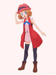  :d bare_arms black_thighhighs blue_eyes blue_ribbon boots brown_footwear brown_hair collarbone commentary dress eyelashes female full_body hand_up hat highres kouzuki_(reshika213) medium_hair neck_ribbon open_mouth pink_dress pokemon pokemon_(anime) pokemon_xy_(anime) ribbon serena_(pokemon) sleeveless smile solo standing thighhighs tongue 