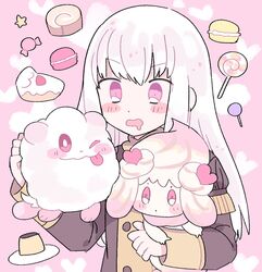  alcremie alcremie_(love_sweet) alcremie_(ruby_swirl) blush_stickers cake candy creature_as_food crossover dessert drooling female fire_emblem fire_emblem:_three_houses food garreg_mach_monastery_uniform heart highres holding holding_pokemon long_hair long_sleeves lysithea_von_ordelia macaron open_mouth pink_eyes pokemon pokemon_(creature) protected_link remoooon swirlix uniform white_hair 