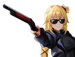  absurdres akai_haato blonde_hair commentary_request cosplay expressionless female gun hair_ribbon highres holding holding_gun holding_weapon hololive long_hair one_side_up parody ribbon scene_reference shotgun simple_background solo sunglasses t-800 t-800_(cosplay) terminator_(series) virtual_youtuber weapon white_background winchester_model_1887 yato_(yama0x1) 