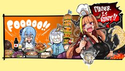  3girls absurdres ahoge alternate_costume amane_kanata angel apple_juice apron baozi bib black_apron black_hairband blonde_hair blue_bow blue_bowtie blue_eyes blue_hair blue_shirt blunt_bangs bob_cut border bottle bow bowtie breasts burger cheese chef_hat cleavage closed_eyes clothes_writing collarbone commentary_request commission cooking cup diagonal-striped_bow diagonal_stripes doukyo&#039;s dragon_girl dragon_horns dragon_tail dragon_tail_steak drinking_glass drooling english_text fake_facial_hair fake_mustache fire flipping_food food fork french_fries fried_rice grey_hair hair_over_one_eye hair_ribbon hairband halo hat highres holding holding_fork holding_knife holding_tray hololive hood hood_down hooded_track_jacket horn_bow horn_ornament horns hoshimachi_suisei jacket juice ketchup_bottle kiryu_coco kiryu_coco_(loungewear) knife large_breasts long_hair mini_flag multicolored_eyes multicolored_hair multiple_girls mustard_bottle noodle_strainer noodles official_alternate_costume open_mouth orange_hair pink_hair pizza pointy_ears pot pp_tenshi_t-shirt print_shirt purple_eyes red_eyes red_jacket ribbon sharp_teeth shirt short_hair short_sleeves side_ponytail sidelocks single_hair_intake skeb_commission speech_bubble star-shaped_pupils star_(symbol) star_halo steam strainer streaked_hair striped striped_bow sweat symbol-shaped_pupils syoya t-shirt tail teeth track_jacket tray turkey_(food) upper_body upper_teeth_only virtual_youtuber wavy_hair wine_glass wok yellow_border 