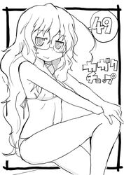  ahoge bare_shoulders bikini bikini_top_only blush closed_mouth copyright_name female framed glasses greyscale hands_on_own_knees kagaku_chop long_hair looking_at_viewer messy_hair monochrome navel simple_background sitting smile solo string_bikini suzuzono_sai swimsuit wavy_hair white_background zubatto_(makoto) 