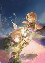  1boy armor breastplate brother_and_sister brown_eyes brown_hair cape delthea_(fire_emblem) female fire_emblem fire_emblem_echoes:_shadows_of_valentia highres hukashin jewelry long_hair luthier_(fire_emblem) night night_sky open_mouth orange_hair parted_lips ponytail ring siblings sky star_(sky) tree 