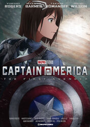  avengers_(series) bin1production brown_eyes brown_hair captain_america captain_america:_the_first_avenger captain_america_(cosplay) captain_america_(series) character_name copyright_name cosplay credits english_text female from_side hagiwara_yukiho hair_ornament highres idolmaster marvel marvel_cinematic_universe movie_poster parody poster_(medium) poster_parody profile shield short_hair solo star_(symbol) superhero_costume taku1122 upper_body 