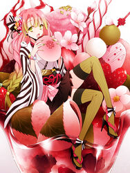  ankle_bow bad_id bad_pixiv_id black_footwear black_skirt bow bracelet braid breasts candy commentary_request dango drugstore04 earrings eating female food fruit full_body glass gradient_hair green_eyes green_hair green_nails green_thighhighs hair_ornament hair_ribbon haori heart heart_earrings high_heels holding in_food japanese_clothes jewelry kanroji_mitsuri kimetsu_no_yaiba knee_up konpeitou lace_trim leaf long_hair long_sleeves looking_at_viewer miniskirt mole mole_under_eye multicolored_hair nail_polish obi open_mouth oversized_object parfait petals photoshop_(medium) pink_hair pleated_skirt ribbed_legwear ribbon sakura_mochi sanshoku_dango sash simple_background sitting skirt snow_rabbit solo strawberry striped striped_ribbon stud_earrings thighhighs vertical_stripes very_long_hair wagashi white_background x_hair_ornament 