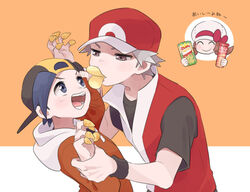  2boys :d backwards_hat bad_id bad_pixiv_id baseball_cap black_hair blush bow brown_eyes brown_hair bugles_(food) bugles_on_fingers cabbie_hat chip_star chips_(food) commentary_request ethan_(pokemon) female food hat hat_bow holding jacket long_hair long_sleeves lyra_(pokemon) mouth_hold multiple_boys open_mouth orange_background pokemon pokemon_frlg pokemon_hgss potato_chips pringle_duck pringles_can pumpkinpan red_(pokemon) shirt short_hair short_sleeves smile teeth tongue twintails white_headwear wristband 