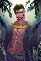  1boy animification bare_pectorals beard black_hair coat dark-skinned_male dark_skin dreadlocks facial_hair jewelry killmonger male_focus marvel marvel_cinematic_universe matsu_(bandan) necklace open_clothes open_coat pectorals rainforest scar serious solo tooth_necklace undercut 