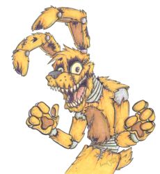  2019 3_fingers alpha_channel animatronic anthro damaged drawing fangs fingers five_nights_at_freddy&#039;s five_nights_at_freddy&#039;s_4 front_view fur grin hare hi_res krolik lagomorph leporid long_ears looking_at_viewer machine male mammal pawpads paws plushie plushtrap_(fnaf) portrait pose rabbit robot scottgames sharp_teeth signature smile solo standing teeth traditional_media_(artwork) yellow_body yellow_fur 